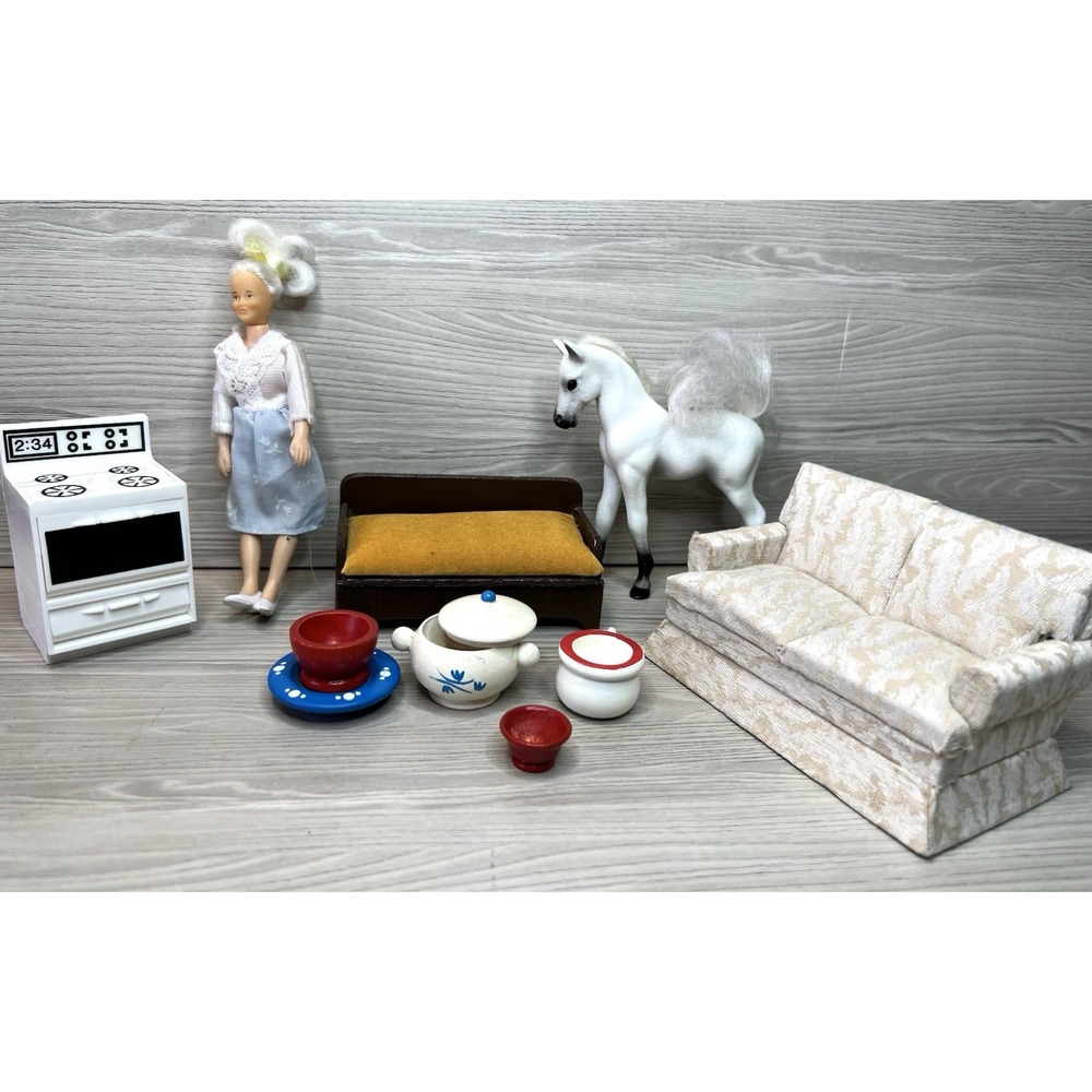 Vintage Dollhouse Furniture & Accessories Lot - Stove, Sofas, Horse, Doll